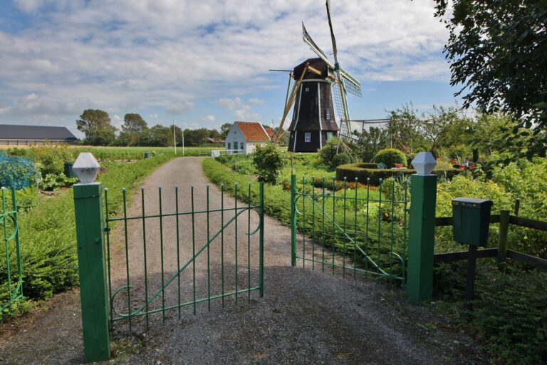 Een foto met op de achtergrond een zwarte molen en een wit huisje. Op de voorgrond een groen stalen hek met een pad dat naar de molen leidt.
