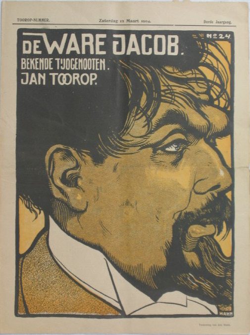 Voorblad van een krant. Bovenaan is te lezen dat het gaat om een krant van zaterdag 12 maart 1904 en het is de derde jaargang. Links bovenin staat: TOOROP-NUMMER. De rest van de pagina wordt opgeslokt door een tekening in een zwart rechthoek. De tekening in geel, zwart en wit laat ons het zijaanzicht van een man met donker haar, snor en sik zien: Jan Toorop. Links bovenin de tekening, in het haar van de man, staat de tekst: De Ware Jacob. Bekende tijdgenoten. Jan Toorop.