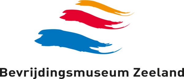 Logo Bevrijdingsmuseum Zeeland. Verfstrepen in oranje, rood en blauw met daartussen wit.