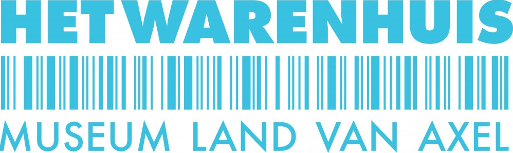 Logo Het Warenhuis Museum Land van Axel, lichtblauw met barcode.
