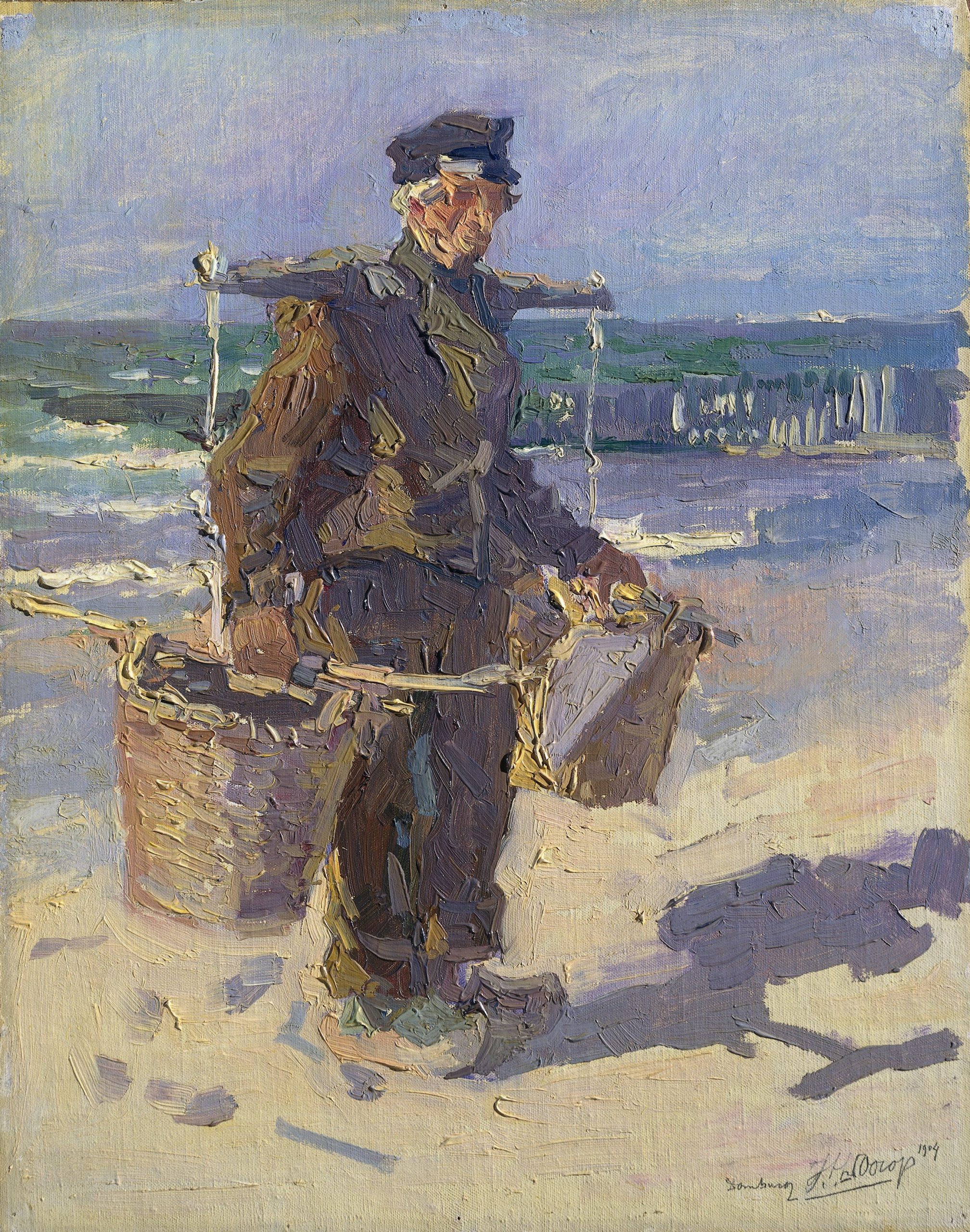 Een schilderij van een man die twee rieten manden vol schelpen draagt op het strand.