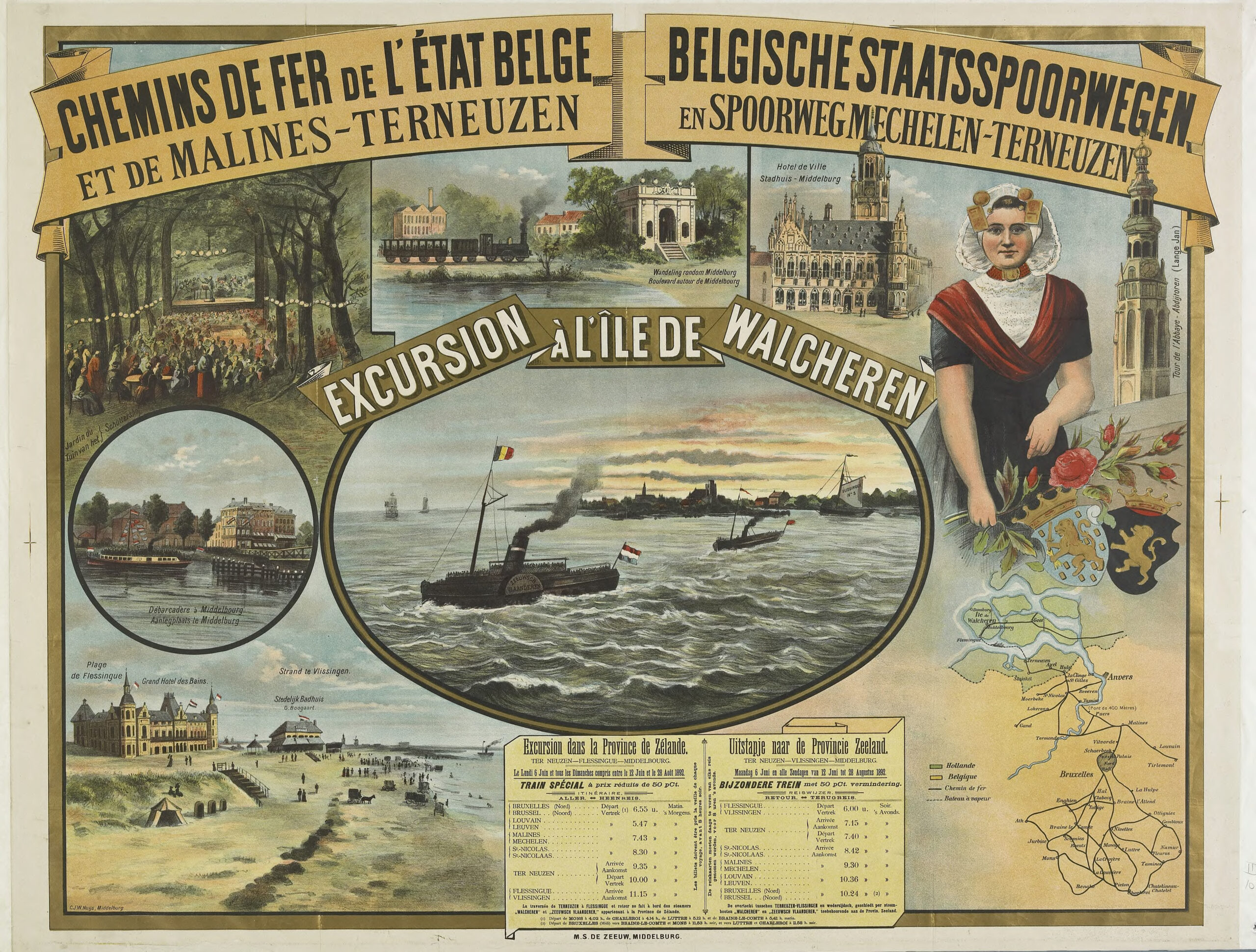 Een reclameplaat met in het midden de Franse tekst 'Excursion à l'île de Walcheren' met daaromheen afgebeeld de Middelburgse Koepoort, stadhuis, Abdijtoren, tuin van het Schuttershof, aanlegplaats en de rede van Vlissingen, strand met Badhotel en badhuis te Vlissingen, vrouw in Zeeuwse klederdracht en kaart van Zeeland, met wapens Holland en Brabant. Met bovenaan rechts de Nederlandse tekst: Belgische Staatsspoorwegen en en spoorweg Mechelen-Terneuzen. Links boven dezelfde tekst, maar dan in het Frans: Chemins de fer de l'état Belge et de Malines-Terneuzen. Onderaan de plaat is de dienstregeling te zien van een 'uitstapje naar de provincie Zeeland' in de zomer van 1892. Deze dienstregeling brengt toeristen van Brussel, Leuven, Mechelen of St. Nicolaas met de trein naar Terneuzen en vanaf daar gaat de stoomboot naar Vlissingen. Deze informatie is ook in het Frans te lezen op de afbeelding.