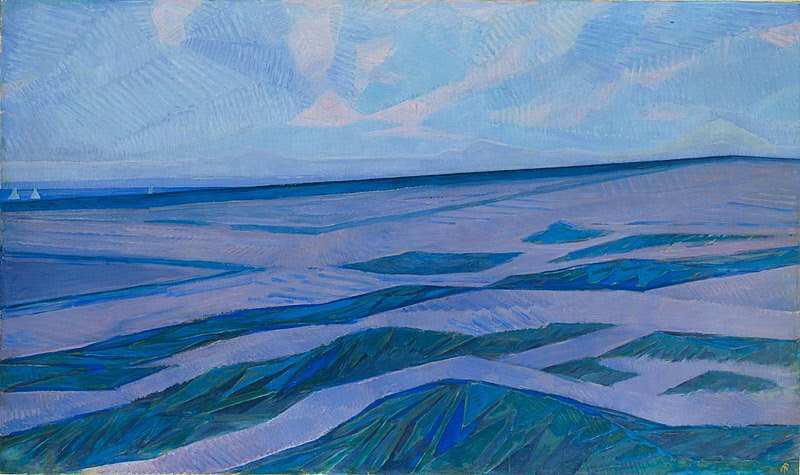 Een schilderij van een duinlandschap met deels geabstraheerde vormen en op de horizon de zee met enkele zeilboten. Het duinlandschap is blauw met groen gekleurd, de lucht is iets lichterblauw. De stijl heeft wat weg van het kubisme.