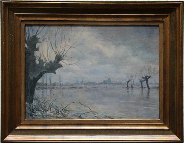 Een schilderij van een ondergelopen landschap met op de achtergrond de skyline van Veere.