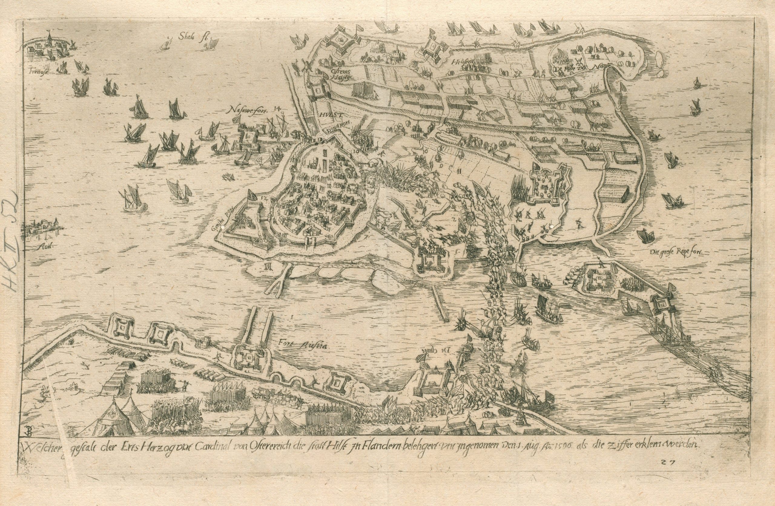 Een oude nieuwsprent met daarop een tekening van het vestingstadje Hulst dat wordt ingenomen door soldaten vanuit vogelvluchtperspectief.
