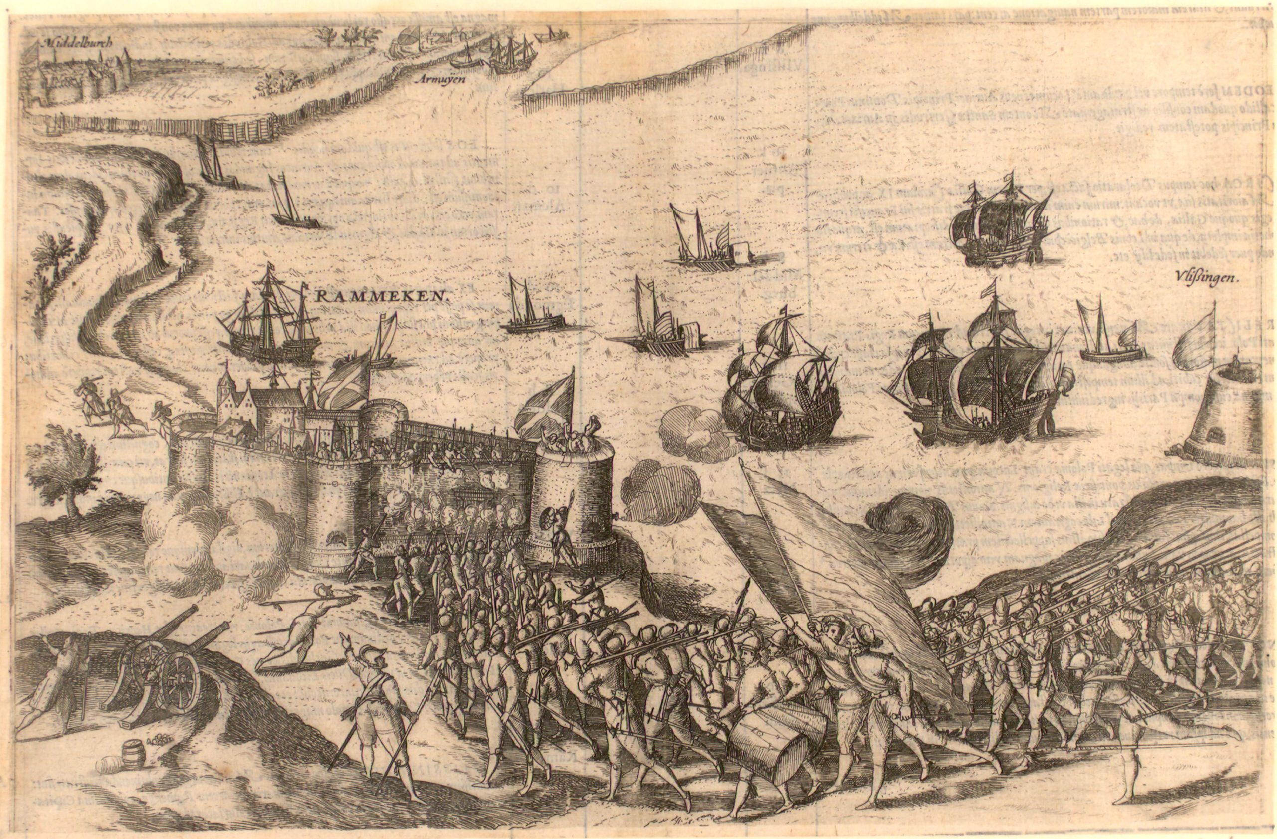 Een fort dat aan het water ligt wordt belegerd door een grote groep soldaten met speren, kanonnen, trommels en vlaggen. Op het water zijn enkele schepen te zien. Ook zijn Middelburg, Arnemuiden en Vlissingen aangeduid op de tekening.