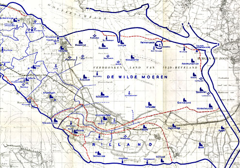 Een kaart met in het zwart de huidige omtrek van oostelijk Zuid-Beveland en in het blauw de historische contouren van voor de Sint-Felixvloed. Toentertijd was oostelijk Zuid-Beveland duidelijk veel groter, bijna twee keer zo groot, en lag de noordelijke oever veel dichter bij het eiland Tholen dan nu. Ook worden met kerkjes en namen de verdronken dorpen aangegeven, het zijn er ongeveer 20. Wat op de hedendaagse kaart het verdronken land van Zuid-Beveland wordt genoemd, heette toen De wilde moeren.