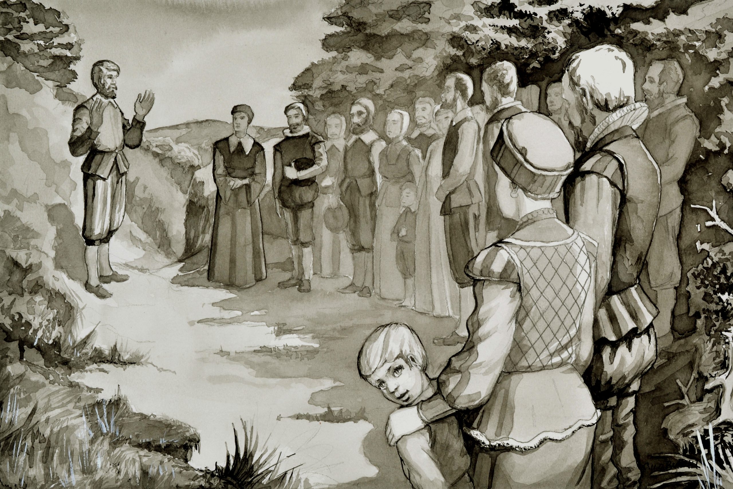Een tekening waarop ongeveer 15 mensen luisteren naar een man die een preek geeft in een omgeving die doet denken aan de duinen.