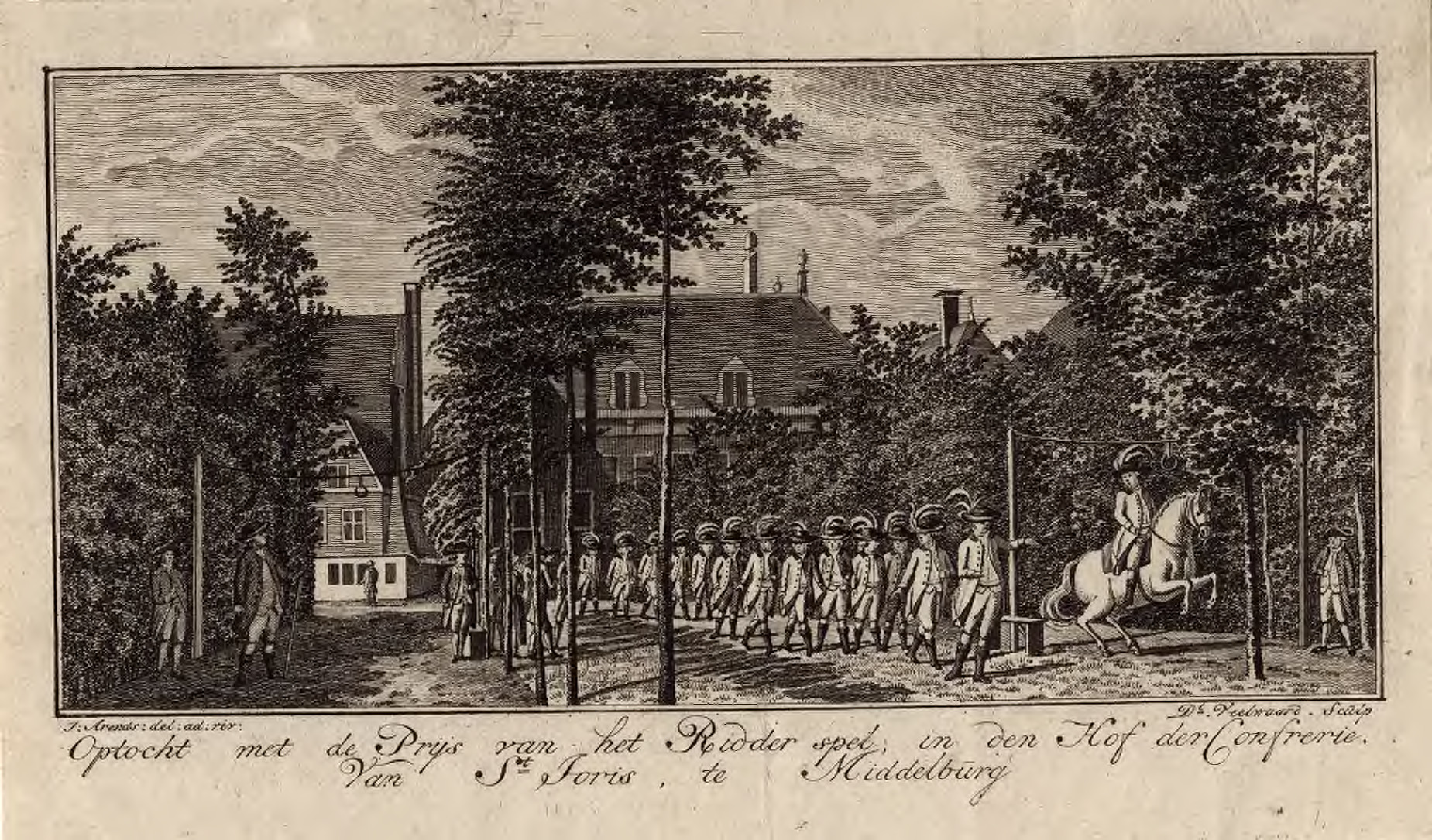 Een historische gravure van een optocht in Middelburg, waarin een groep mannen in uniform en met hoeden marcheert door een laan omringd door bomen. Aan de rechterkant rijdt een ruiter op een paard, hij probeert een ring te steken. Op de achtergrond staan klassieke gebouwen en bomen.