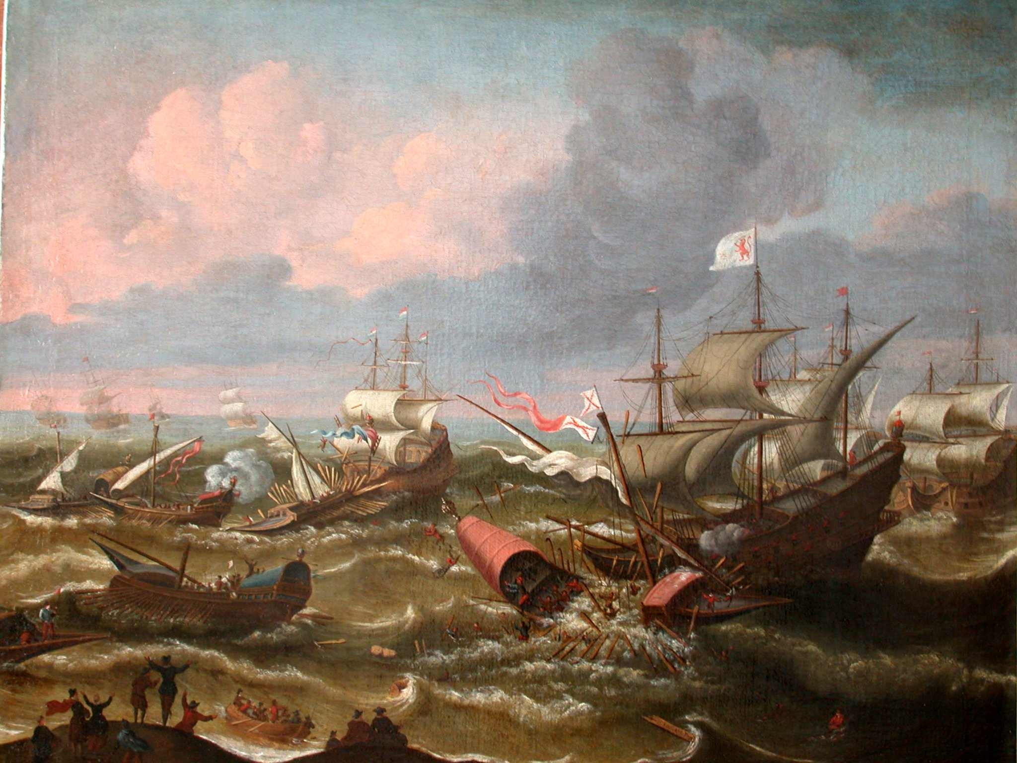 Schilderij met daarop te zien hoe een groot schip over een galei vaart. Een strijd op het water tussen meerdere schepen.