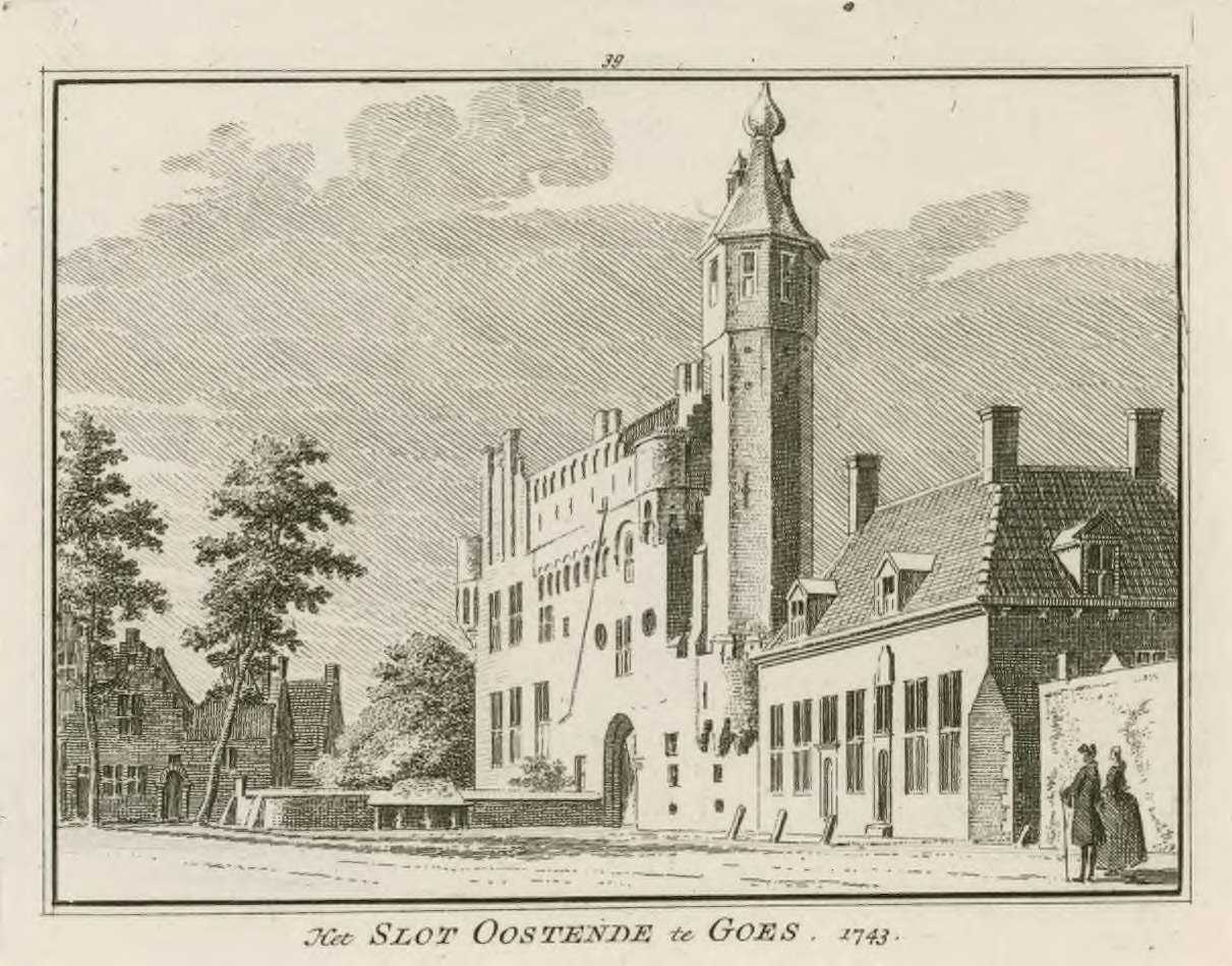 Gravure van Het Slot Oostende te Goes uit 1743. Het kasteel heeft een prominente toren met een spits en een groot, versterkt gebouw met ramen en kantelen. Op de voorgrond staan twee figuren in historische kledij. Links zijn enkele bomen en kleinere gebouwen zichtbaar. De lucht is zachtjes gearceerd om wolken weer te geven.