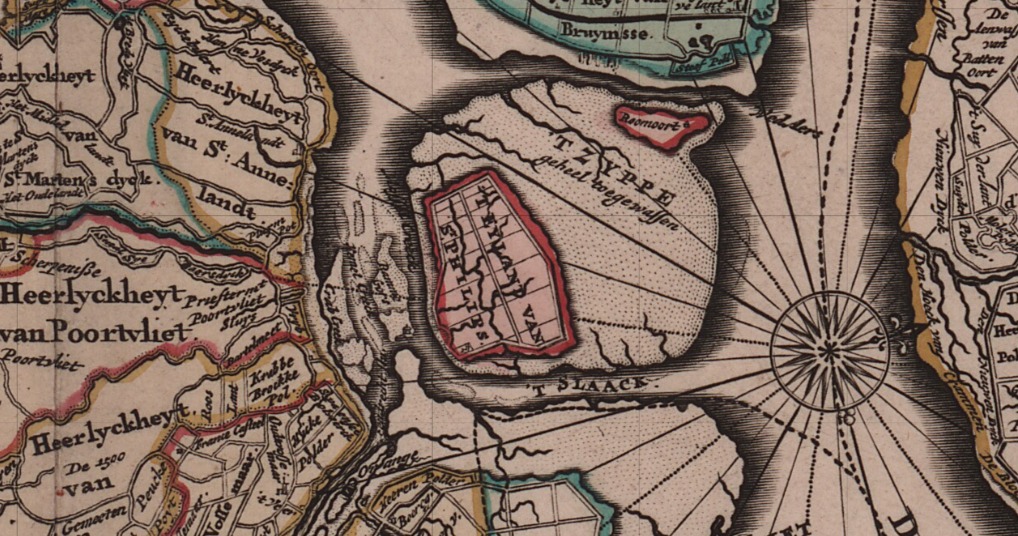 Typisch oude landkaart met de verschillende heerlijkheden afgebakend door rode, gele en groene lijnen. Rechts onderin is een windwijzer te zien.