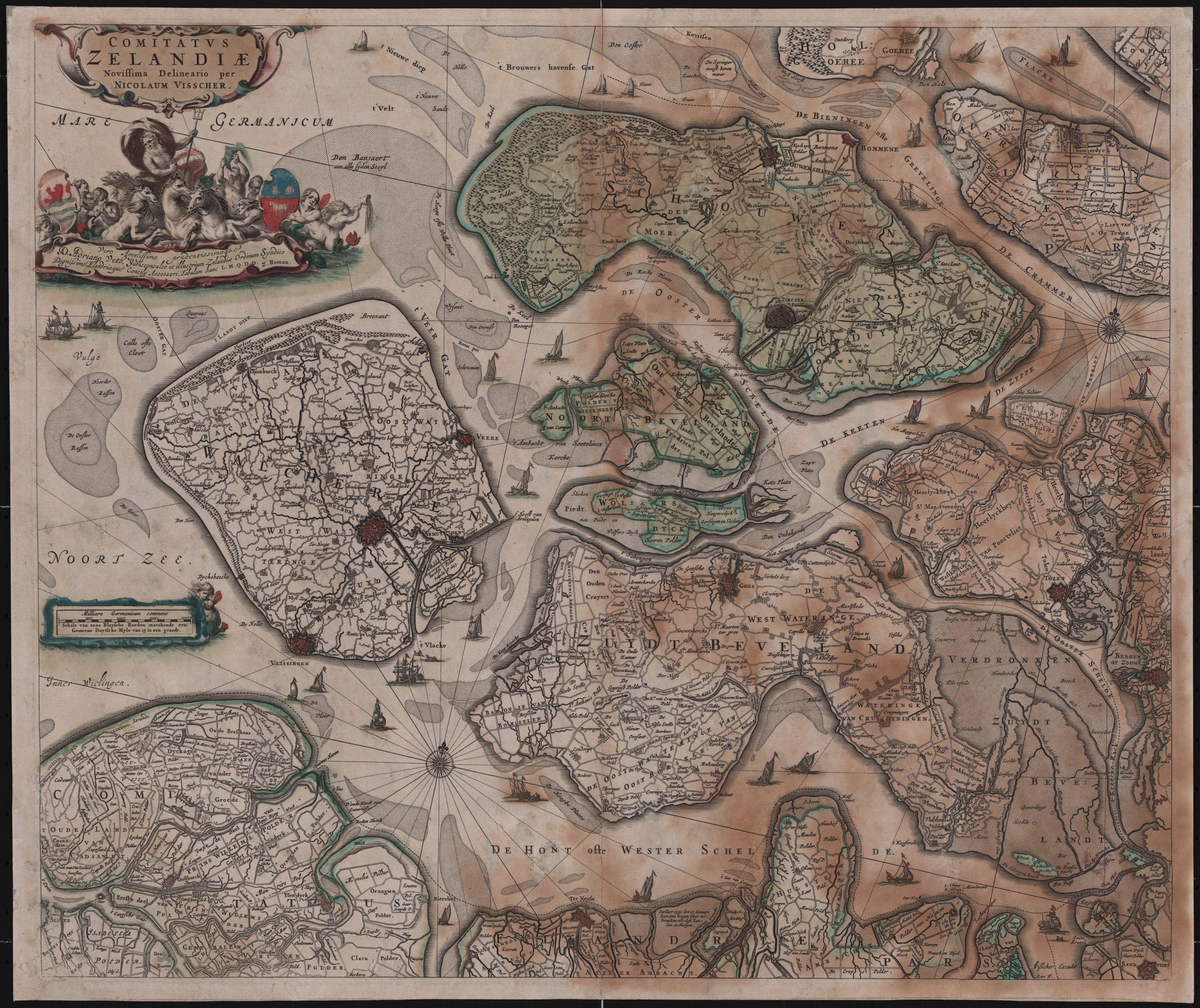 Dit is een historische kaart van Zeeland, getiteld "COMITATVS ZELANDIÆ Noviflima Delineario per NICOLAUM VISSCHER". Het toont de provincie Zeeland, inclusief de verschillende eilanden en waterwegen, zoals de Oosterschelde, Westerschelde en Grevelingen. De kaart bevat gedetailleerde topografische informatie, inclusief steden, dorpen en belangrijke waterlichamen. De titelcartouche in de linkerbovenhoek is rijkelijk versierd met mythologische figuren en allegorische voorstellingen.