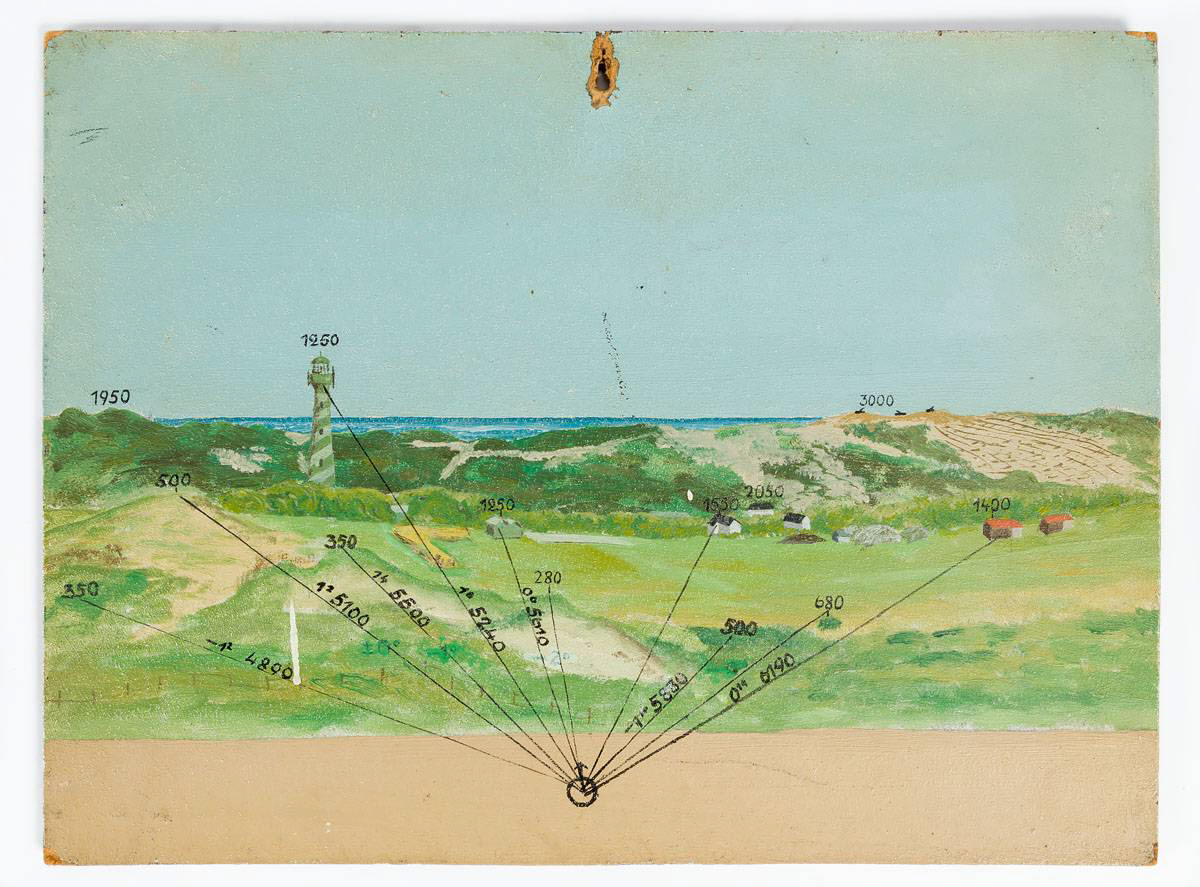 Dit aquarel is een aangezicht waarbij we uitkijken op de vuurtoren van Haamstede. Op de kaart ziet u punten die van te voren door de waarnemer zijn ingemeten (met afstanden). Dit zodat ze direct konden vuren over de juiste afstand.